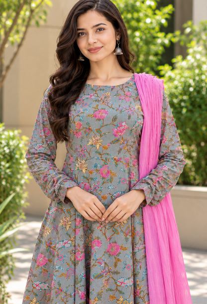 Floral Grey Anarkali Suit Set with Dupatta