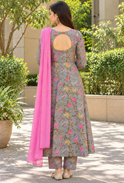 Floral Grey Anarkali Suit Set with Dupatta