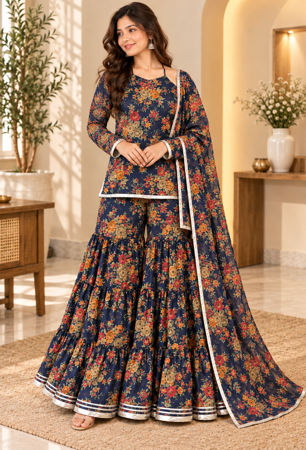 Navy Blue Floral Sharara Set with Dupatta