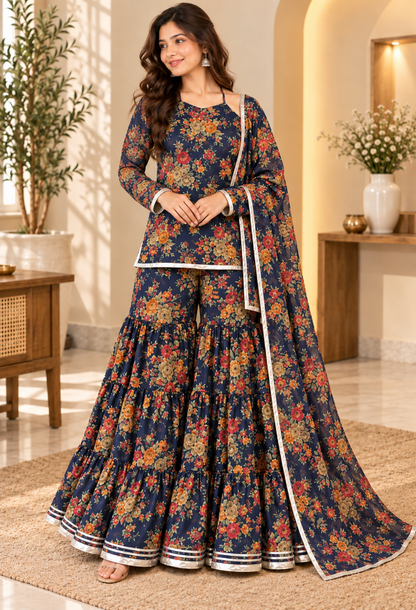 Navy Blue Floral Sharara Set with Dupatta