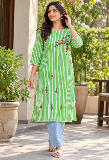 Green & White Striped Floral Embroidered Kurta