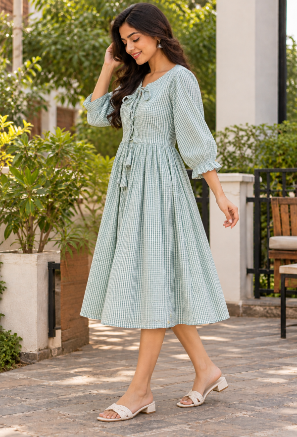 Green Gingham Lace-Up Midi Dress
