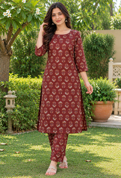 Floral Charm Maroon Kurta Pant Set
