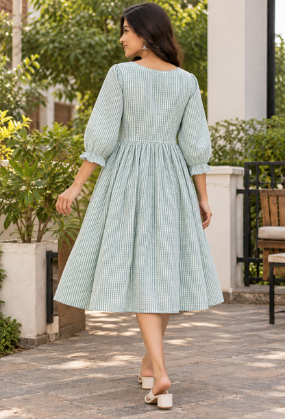 Green Gingham Lace-Up Midi Dress