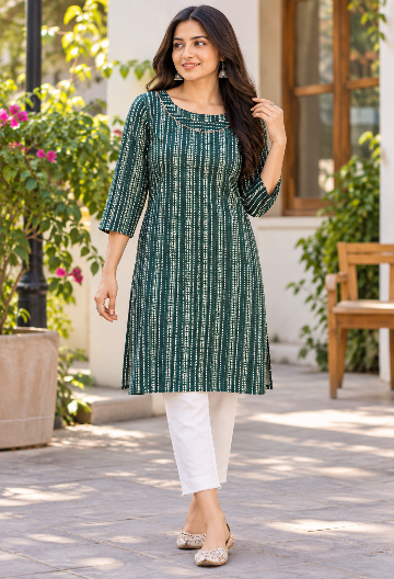 Green Cotton Printed Straight Kurta
