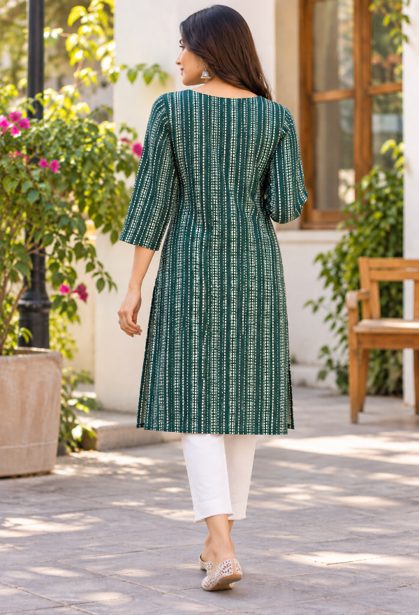 Green Cotton Printed Straight Kurta