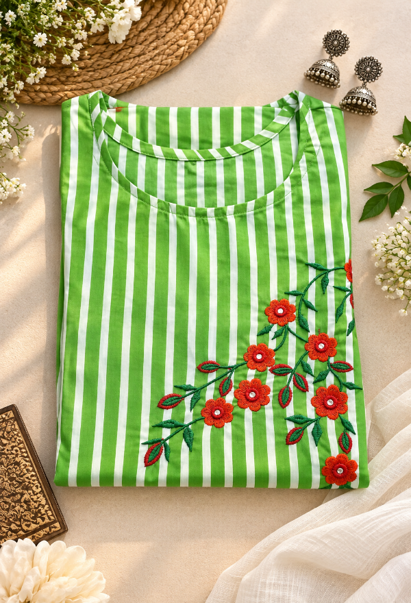 Green & White Striped Floral Embroidered Kurta