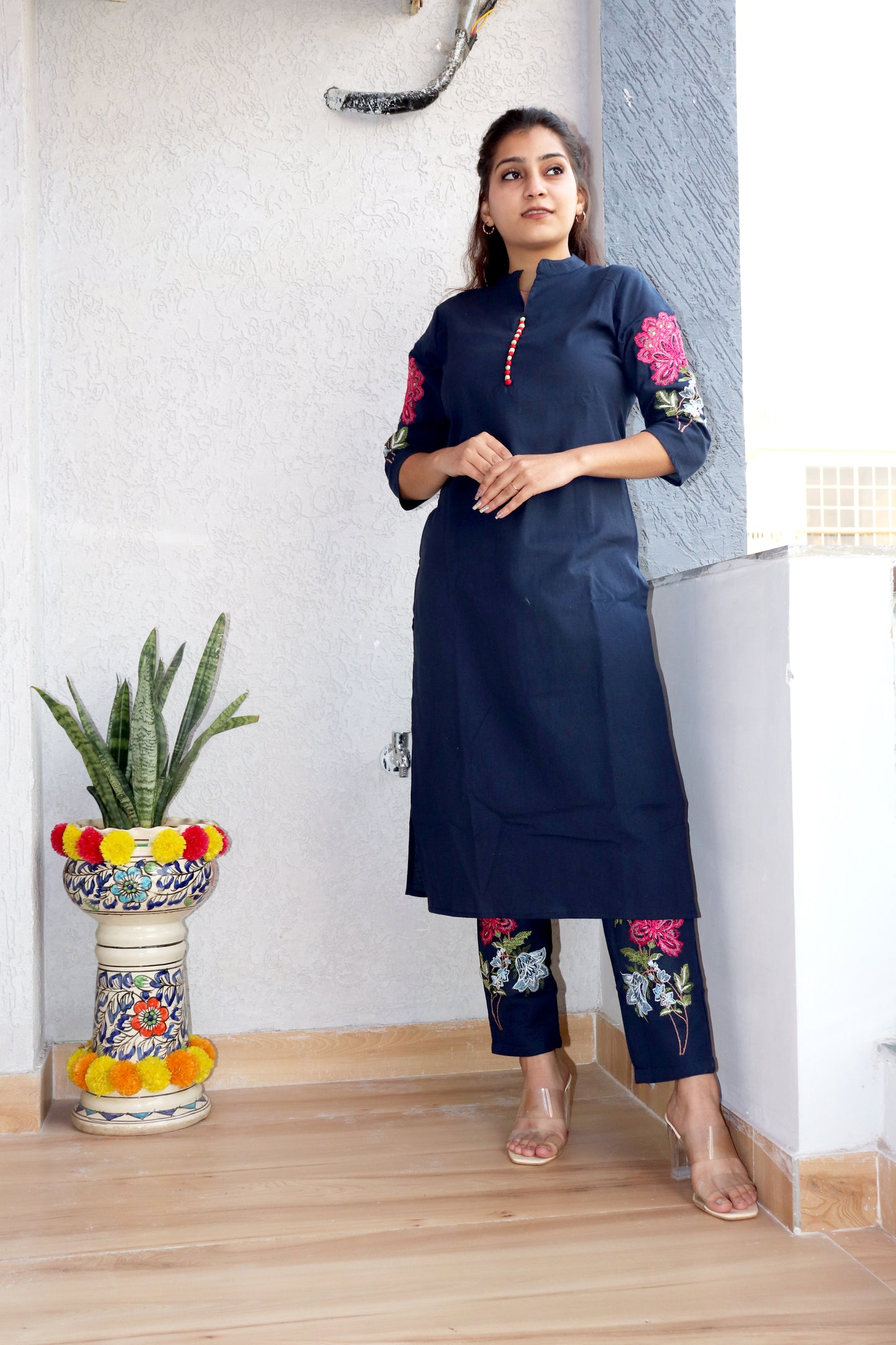 Blue Embroidered Kurta Pant Set