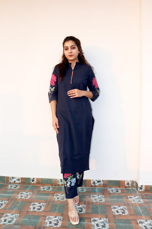 Blue Embroidered Kurta Pant Set