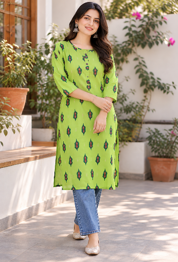 Lime Green Printed Straight Kurta