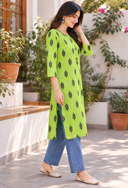 Lime Green Printed Straight Kurta
