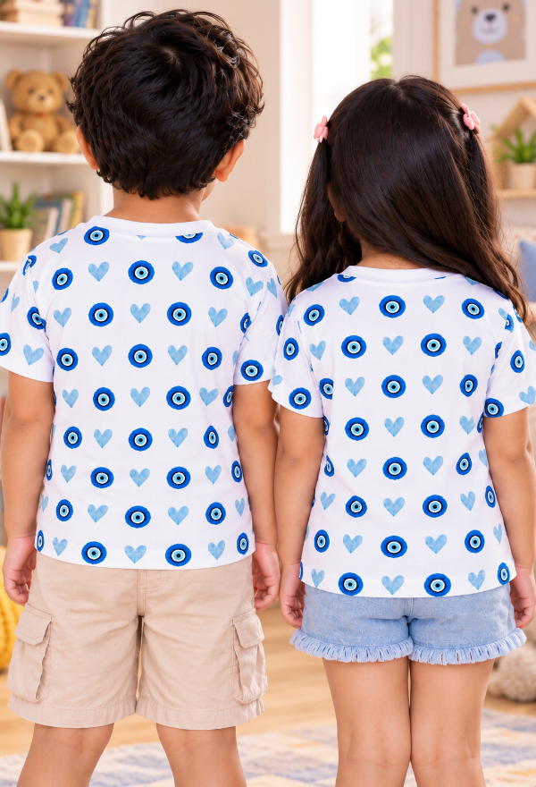 Kids Unisex Evil Eye & Heart Printed White T-Shirt