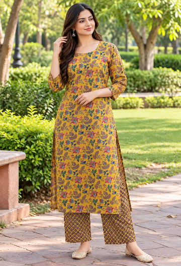 Mustard Yellow Floral Printed Kurta Set