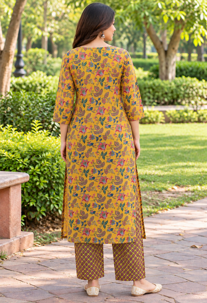 Mustard Yellow Floral Printed Kurta Set