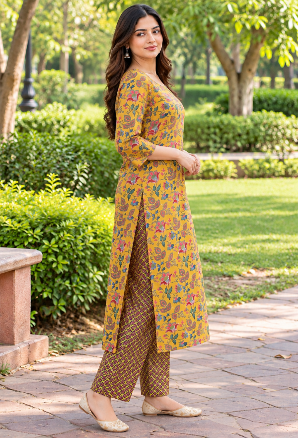 Mustard Yellow Floral Printed Kurta Set