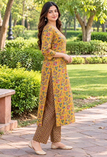 Mustard Yellow Floral Printed Kurta Set