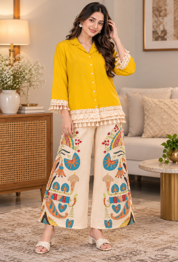 Yellow Shirt With Printed Palazzo