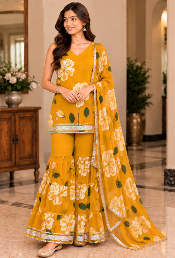 Mustard Hand-Printed Sharara set