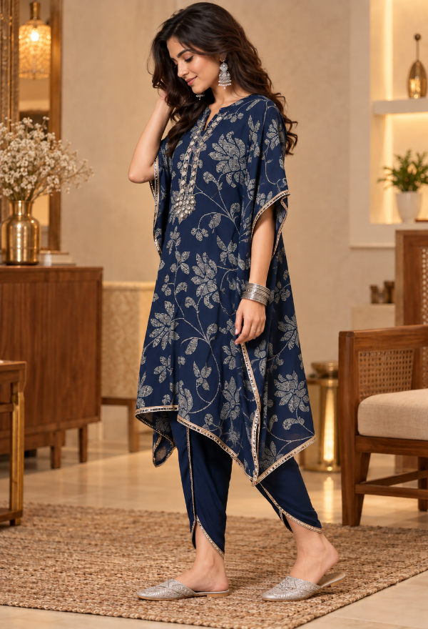 Navy Blue Printed Kaftan With Dhoti Pants