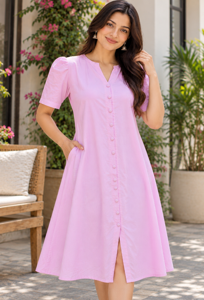 Pink Button-Down A-Line Dress