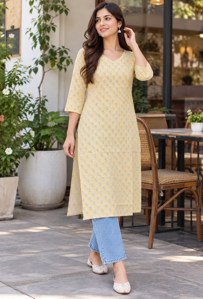 Yellow Floral Printed Kurta