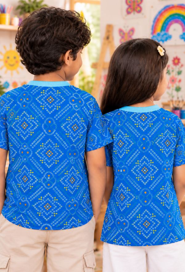 Blue Bandhani Print T-Shirt for Kids
