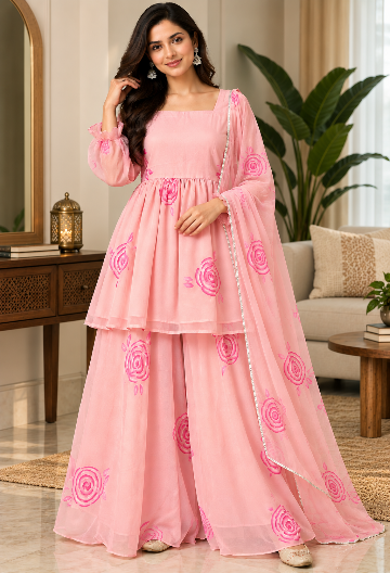Peach Hand-Painted Top Palazzo And Dupatta set