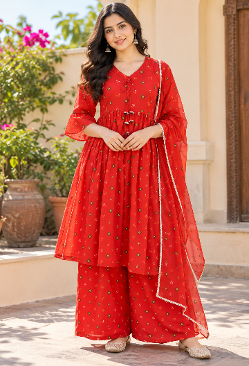 Red Printed Anarkali Kurta with Palazzo & Dupatta