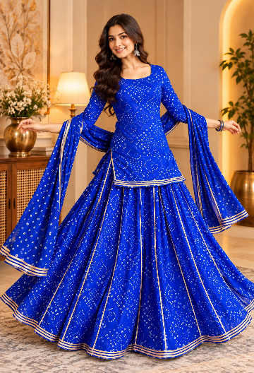 Bandhani Printed Kurta With Sharara And Dupatta
