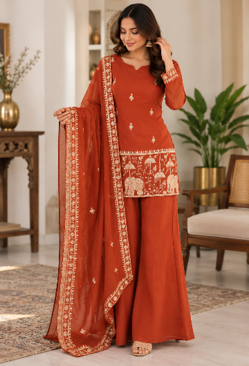 Rust Embroidered Kurta With Sharara And Dupatta