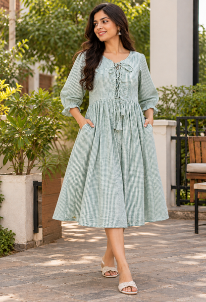 Green Gingham Lace-Up Midi Dress