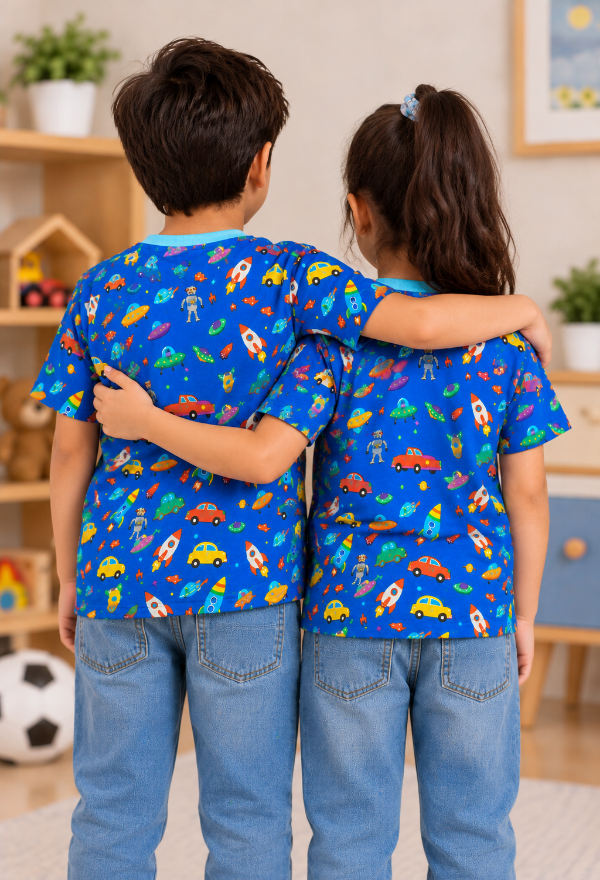Blue Space Adventure Printed Kids T-Shirt