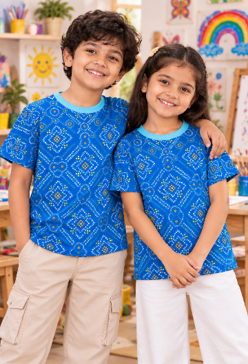 Blue Bandhani Print T-Shirt for Kids