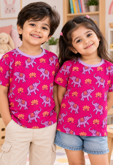 Kids Pink Elephant Print T-Shirt for Boys & Girls