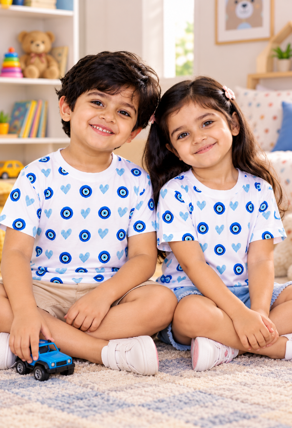 Kids Unisex Evil Eye & Heart Printed White T-Shirt