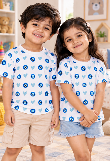Kids Unisex Evil Eye & Heart Printed White T-Shirt