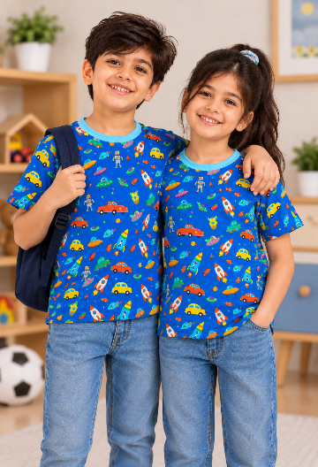 Blue Space Adventure Printed Kids T-Shirt