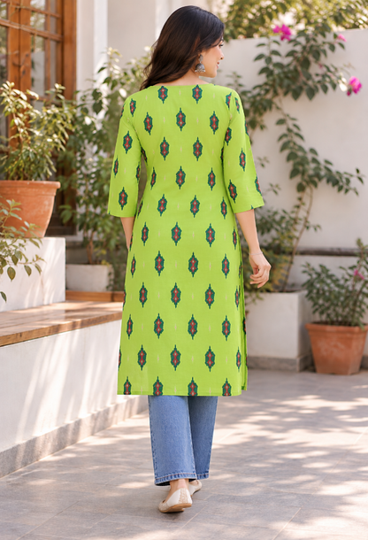 Lime Green Printed Straight Kurta