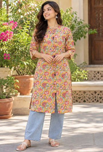 Mustard Yellow Floral Printed Kurta