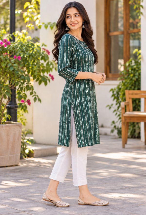 Green Cotton Printed Straight Kurta