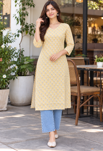 Yellow Floral Printed Kurta