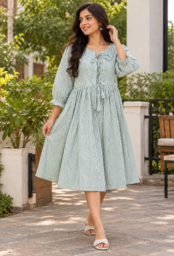 Green Gingham Lace-Up Midi Dress