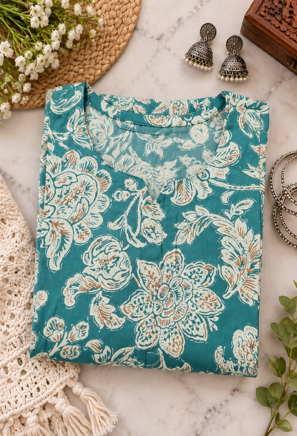 Teal Floral Printed Straight Kurta