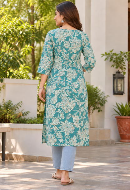 Teal Floral Printed Straight Kurta
