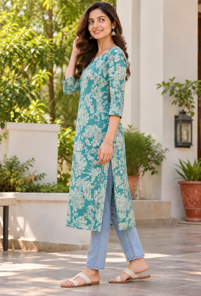 Teal Floral Printed Straight Kurta