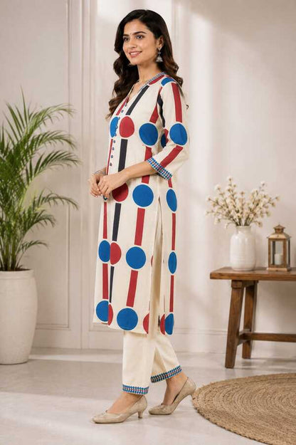 Geometric Print Cream Kurta Set