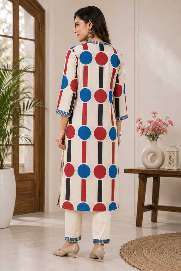 Geometric Print Cream Kurta Set