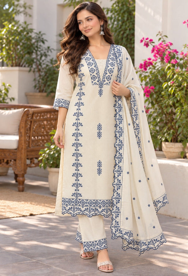 Cotton Dobby Embroidered Kurta Pant Set