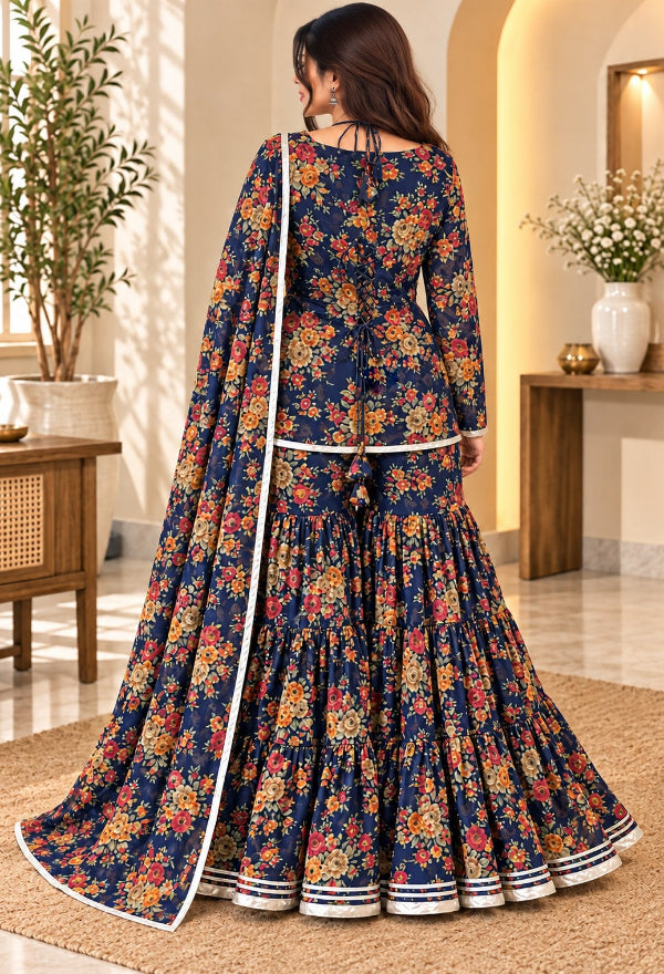 Navy Blue Floral Sharara Set with Dupatta