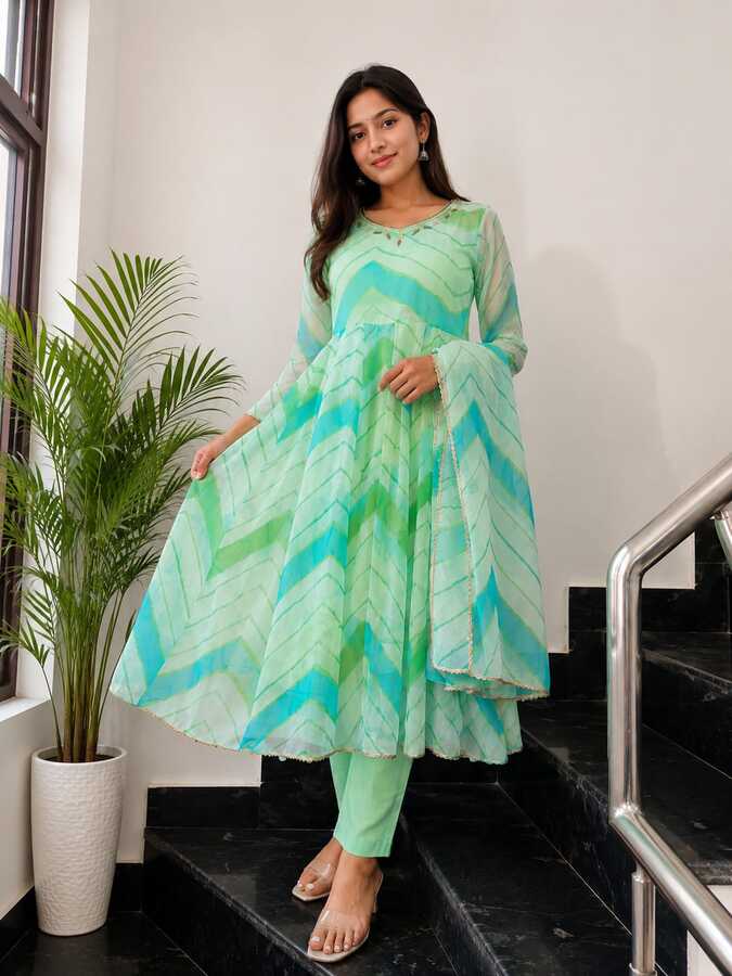 Leheriya Print Anarkali Kurta Set